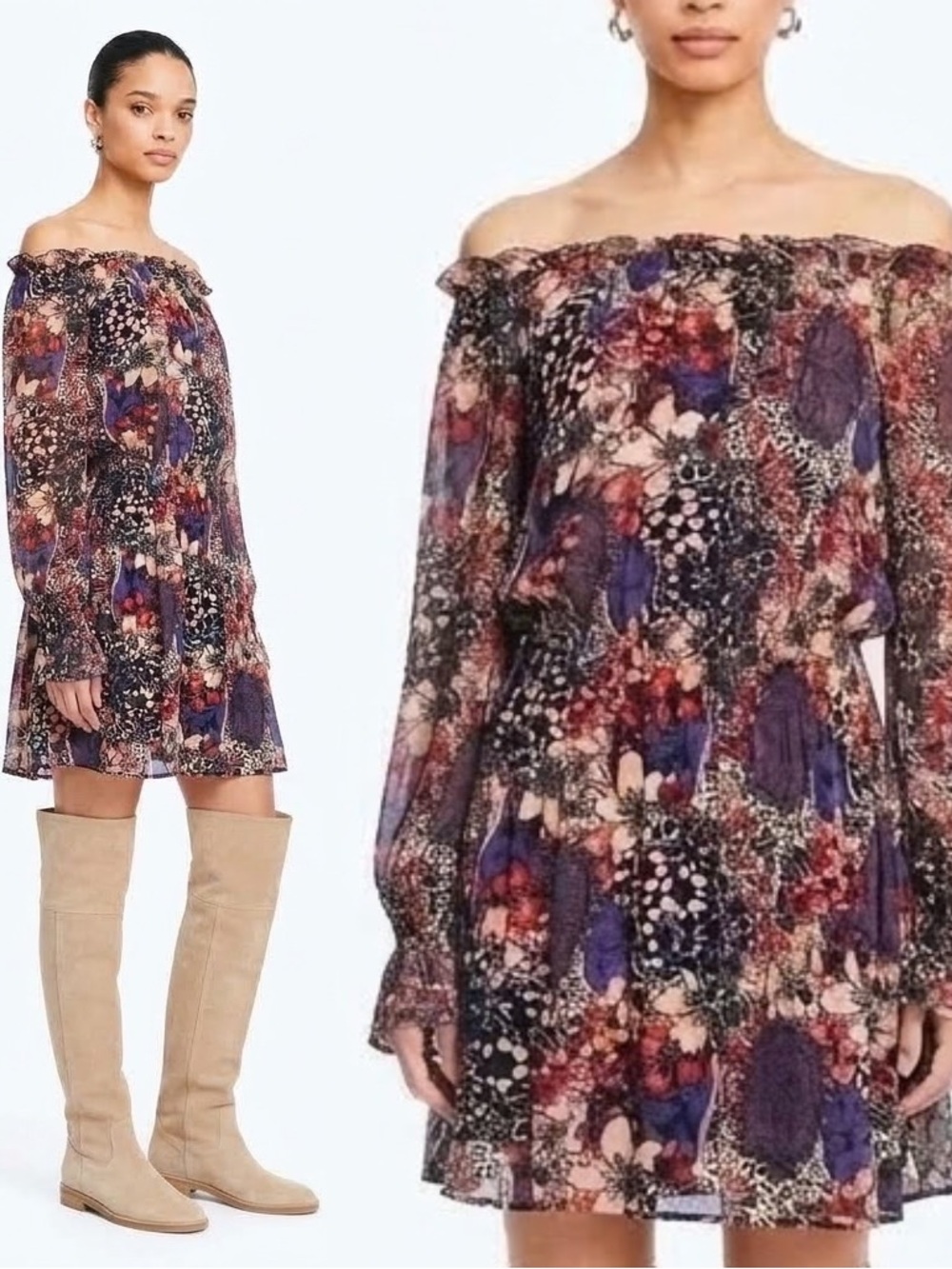 Rachel Zoe Silk Chiffon Floral Print Off The Shoulder Smocked Waist Dress
